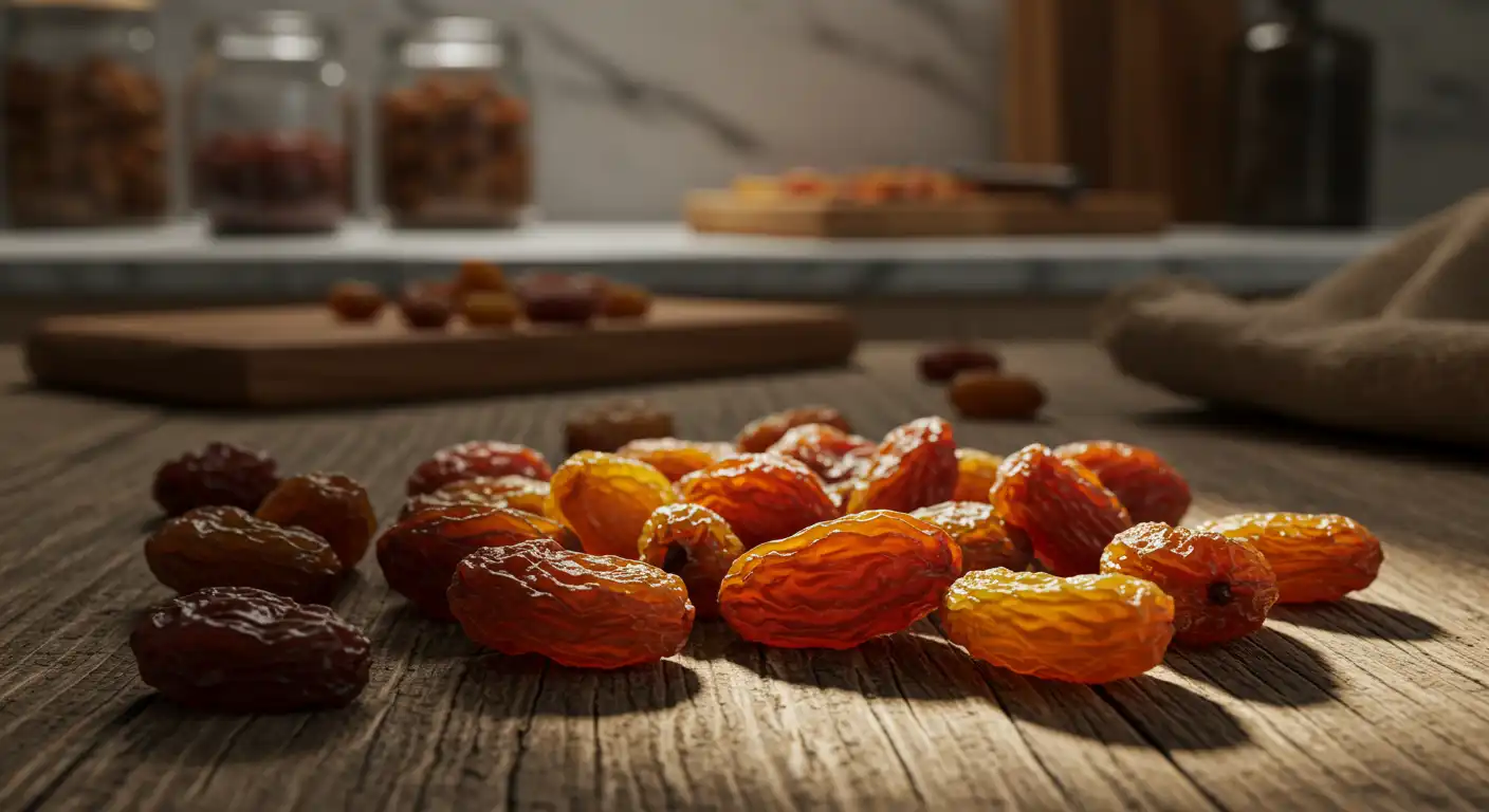 raisins on wooden table